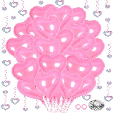 Imagem de 24 balões de coração rosa, 100 peças de flâmulas penduradas em coração, balões de alumínio de 45,7 cm, balão de dia dos namorados, balão de amor para decoração de festa de casamento (rosa)
