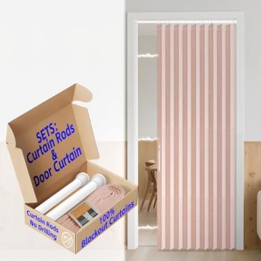 Imagem de Cortina AJAZZ 100% blackout para portas sanfonadas invisíveis interiores cortinas magnéticas para porta frontal para conjuntos de janelas de vidro (1 pacote, 111 L x 198 C, rosa + varão)