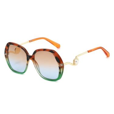 Imagem de Óculos de Sol UV400 - Estampa Leopardo Degradê Oval Irregular em Metal para Homens e Mulheres, Esportivos, para Corrida, Ciclismo e Atividades ao Ar Livre, na cor laranja e verde.