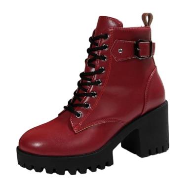 Imagem de Botas femininas modernas, casuais, casuais, com cadarço, zíper lateral, salto grosso, cano curto, cabeça grande, salto alto, Vermelho, 36