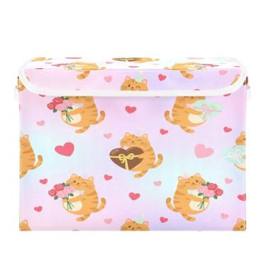 Imagem de Wassud Cestos de armazenamento dobráveis com tampas, corações românticos de gatos, cestas organizadoras de tecido dobráveis para armário, decoração sazonal de casa 40 x 30 x 30 cm