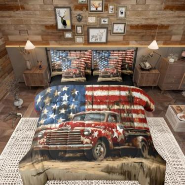Imagem de Manfei Conjunto de cama king retrô, caminhão, bandeira americana, estilo antigo, para crianças, meninas, carro de fazenda, vermelho, azul, marrom, macio em uma bolsa com edredom, lençóis, fronhas