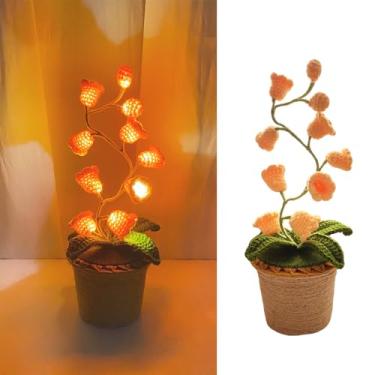 Imagem de AVEKI Lâmpada de lírio do vale, luminária de flores artificiais de crochê feita à mão com luz quente, linda lâmpada de mesa para quarto, luz noturna de LED, decoração de bateria, presente para mãe