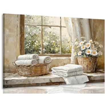 Imagem de Arte de parede emoldurada em tela de margarida de casa de banho vintage country flores pôsteres impressões toalhas e cestas de salgueiro decoração de parede imagem para banheiro lavanderia sala de