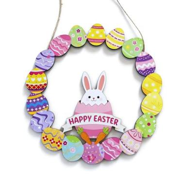 Imagem de Guirlanda de porta de coelhinho da Páscoa, placa de coelho de madeira com flores e ovos, decoração decorativa de boas-vindas para decoração de parede interna e externa