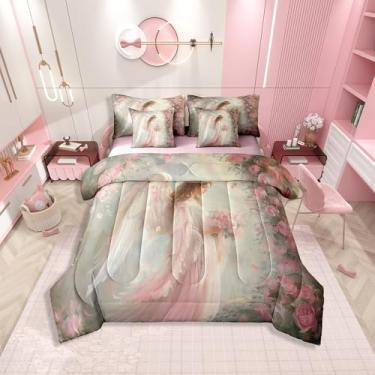 Imagem de Erosebridal Conjunto de edredom floral de anjo com lençóis, sonhadores, asas de anjo, para meninos, meninas, romântico, rosa, 7 peças, conjunto de cama em uma bolsa