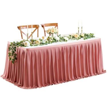 Imagem de Wish Care Saia de mesa rosa rosa longa de 2,7 m para mesas retangulares – Saia de mesa plissada de poliéster resistente a vincos para festas, casamentos, escritório