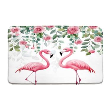 Imagem de Tapete de banho flamingo rosa aquarela verde folha de eucalipto rosa rosa floral pássaro tropical casal romântico decoração primavera tapete de banheiro tapete de chão