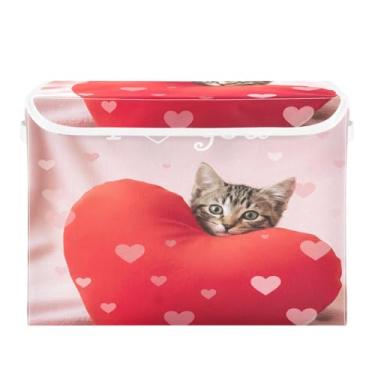 Imagem de Wassud Cestos de armazenamento dobráveis com tampas, gato com corações, cestas organizadoras de tecido dobráveis para armário, decoração sazonal de casa 40 x 30 x 30 cm