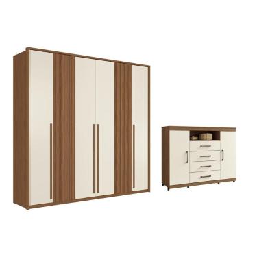 Imagem de Guarda Roupa e Cômoda Casal QC410 6 Portas de Bater 4 Gavetas em MDP com Cabideiro e Pé...