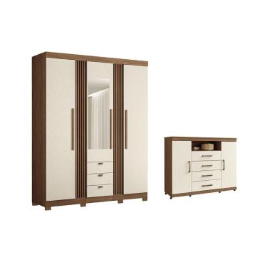 Imagem de Guarda Roupa Cômoda Solteiro Closet QC234 3 Portas de Bater 3 Gavetas MDP com Espelho Jatobá Areia