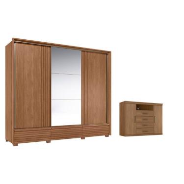 Imagem de Guarda Roupa + Cômoda Casal QC509 3 Portas de Correr 5 Gavetas MDF com Espelho e Cabide...