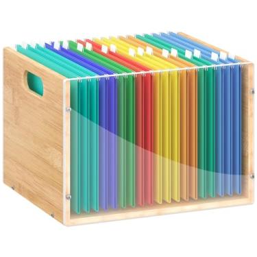 Imagem de Sbanmao Organizador de caixa de arquivo de acrílico transparente, caixas de armazenamento de pasta suspensa de bambu, suporte de caixa de arquivo com alça para mesa de escritório em casa, tamanho
