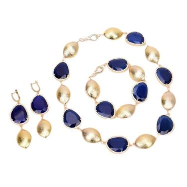 Imagem de SQGGMOAUSC Olho de gato azul cristal pavimentado banhado a ouro contas ovais escovadas colar pulseira brincos conjuntos presentes femininos