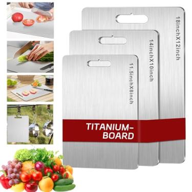 Imagem de Conjunto de 3 tábuas de corte de titânio, 100% puro titânio para cozinha, 3 peças de tábuas de corte antiaderentes de grau alimentício dupla face para carnes, frutas e legumes (P + M + G)