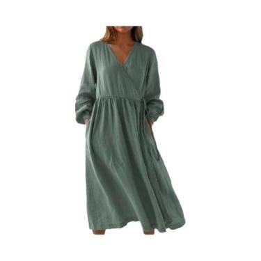Imagem de Vestido A-line De Algodão E Cânhamo Com Decote Em V, Manga Longa, Cint