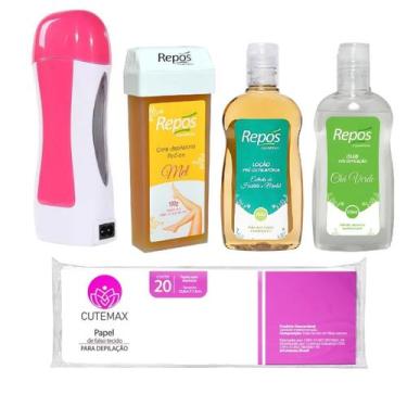 Imagem de Kit Completo Aparelho Depilação Rollon Cera Mel Óleo Loção Folha - DEP