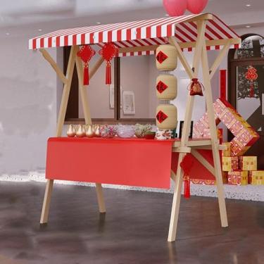 Imagem de Carrinho de comida dobrável portátil sobre rodas, carrinho de mão de vendedor de rua de madeira para cachorros-quentes e lanches, suporte de exibição de mercado móvel ao ar livre (vermelho/preto, 150