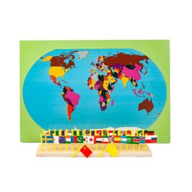 Imagem de HLS maoyi Conjunto Bandeiras Mundo Montessori Mapa Madeira Bandeiras País Brinquedo Educativo Materiais Geografia Casa Sala Aula