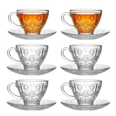 Imagem de Jogo 6 Xícara De Chá Vidro Transparente Com Pires Bohemia Café Relevo 220ml Em Casa Tem