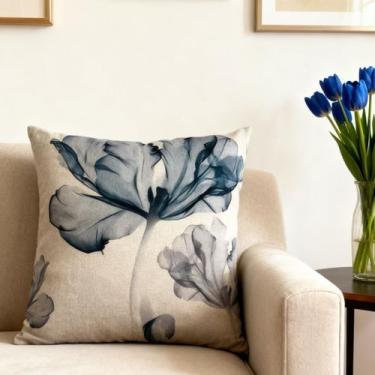 Imagem de Capa de almofada linho estampada tulipa floral azul 45x45cm - - CIA DA