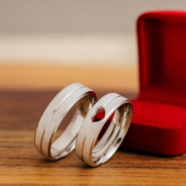 Imagem de Par Alianças Prata 950 com Detalhe Coração 6mm Anatômica Namoro Noivad