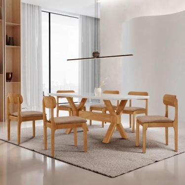 Imagem de Sala de Jantar Mesa Star 180cm Tampo Laqueado Canto Moeda e 6 Cadeiras