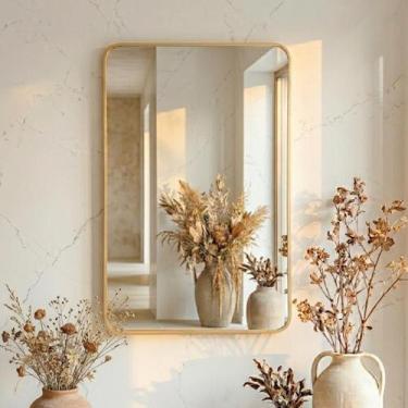 Imagem de Espelho Grande Decorativo Banheiro e Sala Retangular Dourado com Moldu