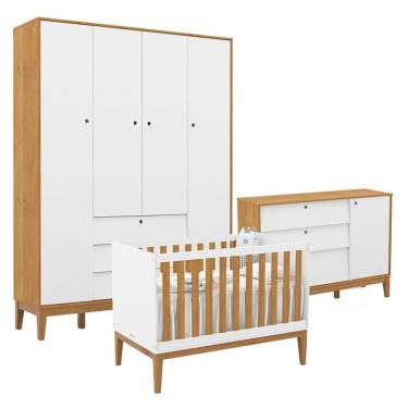 Imagem de Quarto de Bebê Unique 4 Portas 3 Gavetas em MDF 154cm Branco Soft Freijó Eco Wood Matic