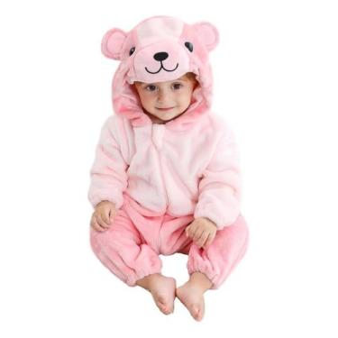 Imagem de Macacão Fantasia Infantil Inverno Frio Bebê Ursinho Rosa Marrom Gêmeos