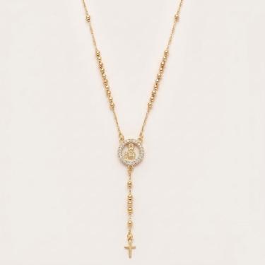 Imagem de Colar Terço Feminino Milliá Nossa Senhora de Fátima Metal com Banho de Ouro Dourado 45cm