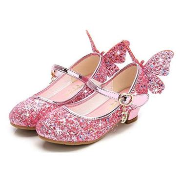 Imagem de TangDao Sapatos de festa de casamento Mary Jane com borboleta brilhante para meninas com glitter, salto baixo, sapatos de princesa (bebê/criança pequena/criança grande), rosa, 3 Big Kid