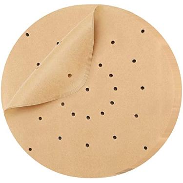 Imagem de scosao Forros Air Fryer de 22,86 cm, 200 peças de forros de papel de pergaminho Air Fryer perfurados redondos antiaderentes crus para assar, cozinhar, cesta de bambu para vaporizar
