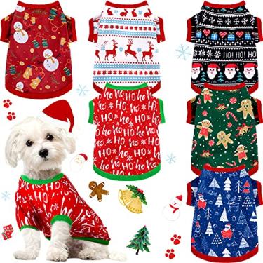 Imagem de 6 peças de roupas de Natal para cães camisetas para animais de estimação, colete para filhotes de Natal estampado boneco de neve Rena Papai Noel camisetas para roupas macias para cães e gatos (M)