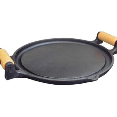 Imagem de Chapa Bifeteira De Ferro Lisa 24 Cm Redonda Alça Madeira Rig