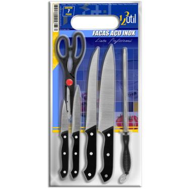 Imagem de Conjunto de Faca Inox 7 Peças Cabo Preto Tesoura e Chaíra