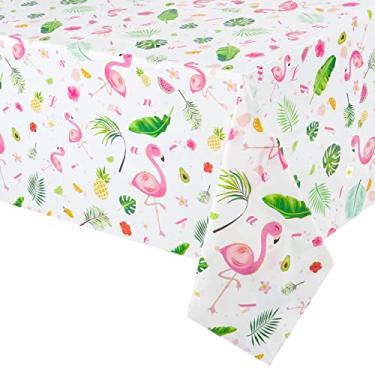 Imagem de WERNNSAI Toalha de mesa de flamingo – 2 peças de 71" x 43,3" Tropical Luau Party Capa de mesa de plástico descartável Abacaxi para decoração de festa de piquenique de festa de aniversário