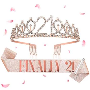 Imagem de Conjunto de coroas e faixas de aniversário de 21 anos, finalmente tiara de strass de aniversário de 21 anos, de 21 anos, decoração de aniversário com glitter, artigos de festa de aniversário. (ouro rosa)