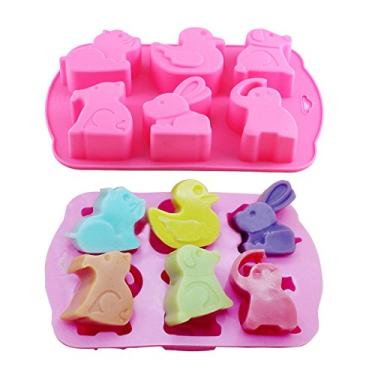 Imagem de Pacote com 2 moldes de chocolate para animais - molde divertido pato cachorro gato coelho elefante molde de silicone para assar muffin cupcake, cubo de gelo, geleia, sabonete, bomba de banho, barra de loção