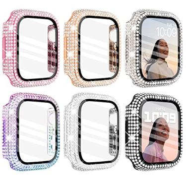 Imagem de Wingle Pacote com 6 capas para Apple Watch 42 mm Series 3 2 1 com protetor de tela, mais de 200 diamantes brilhantes de cristal para Apple Watch com protetor de vidro temperado para mulheres iWatch 3