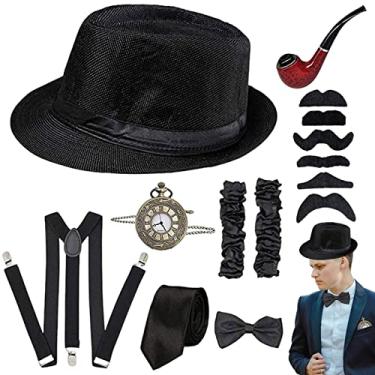 Imagem de Trajes dos anos 20 para homens - Conjunto de chapéus de fantasia masculina retrô,Conjuntos de relógios de cachimbo com suspensórios de gravata borboleta gangster para festas de fim de ano Sritob