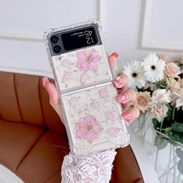 Imagem de Para Samsung Z Flip 3 Case Flor Seca Transparente Fold Phone Case Para Samsung Galaxy Z Flip 4 Flip4 Capa traseira rígida à prova de choque, rosa, para Z Flip 1