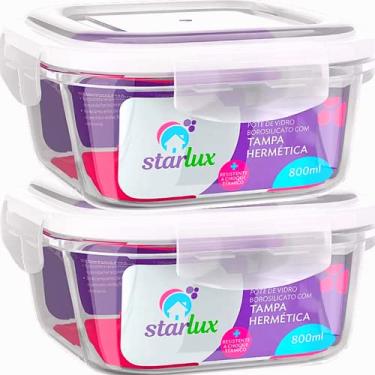 Imagem de 2 Pote De Vidro Quadrado Hermétco Com Tampa 800ml Freezer Forno Tapoer Starlux