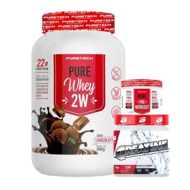 Imagem de Kit Whey Protein 2W 900g + Pure Pré-Workout 100g - PureTech + Creatina Pura 300g  - Bio Sports USA-Unissex