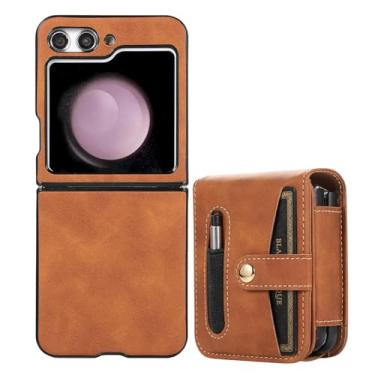 Imagem de LXURY Capa de couro para Samsung Galaxy Z Flip 5, capa flip cobertura total à prova de choque com slot para cartão caneta stylus ultra fina moda capa de negócios, marrom, Z Flip 5''