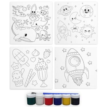 Imagem de Tela Para Pintura Infantil Colorir Kit 4 Unidades com Tinta e Pincel Canvas 40x40cm (Variados)