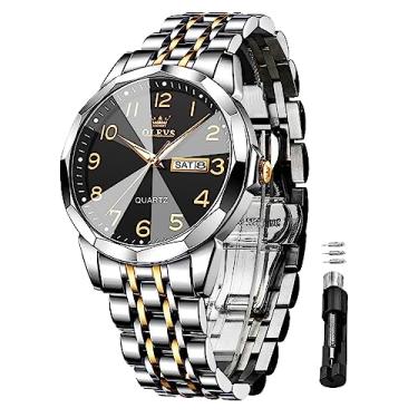 Imagem de OLEVS Relógio masculino azul, dourado, analógico, quartzo, aço inoxidável, à prova d'água, luminoso, data, relógio casual de luxo, Prateado, preto, Relógio digital de quartzo