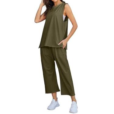Imagem de MEALMATO Conjunto feminino de 2 peças, conjunto de roupas de verão sem mangas, calça harém, roupa de treino, Verde militar, Small