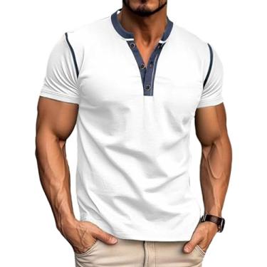 Imagem de Camiseta masculina casual Henley clássica com botão de algodão e manga curta para o verão, básica, lisa, leve, Branco, G