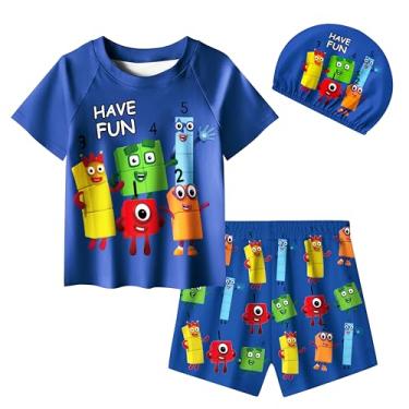 Imagem de KG PINK Roupa de banho com números para meninos, 3 peças, camiseta de natação com chapéu, praia e verão, A - azul, 6-7 Anos